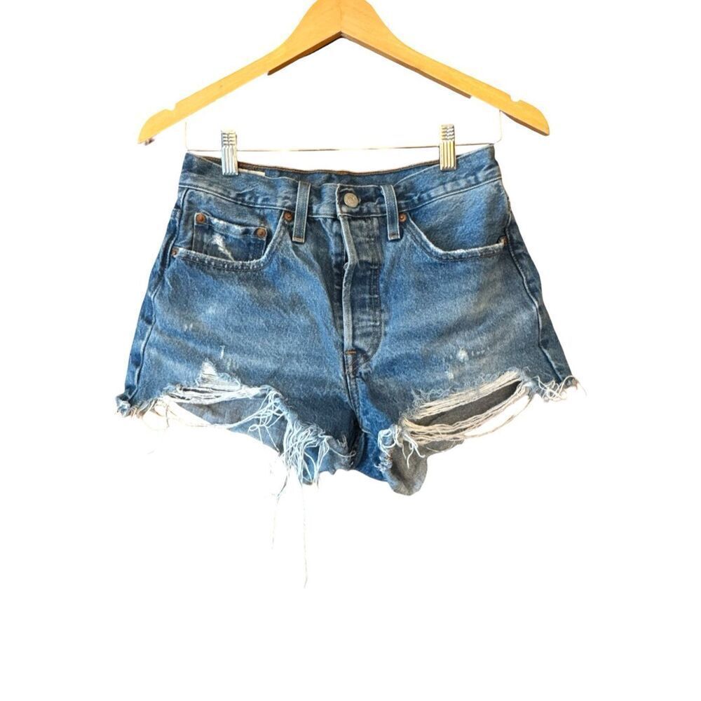 LEVI'S Premium 501 Button Fly High Rise Denim Cut-Off Distressed Jean Shorts